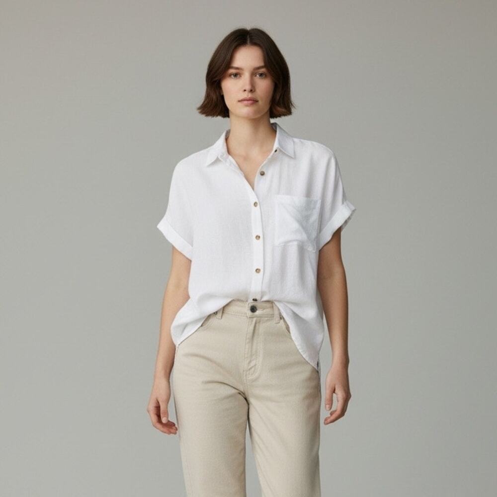 Lola River Anthropologie Shirt Women XS white button cuff boxy blouse